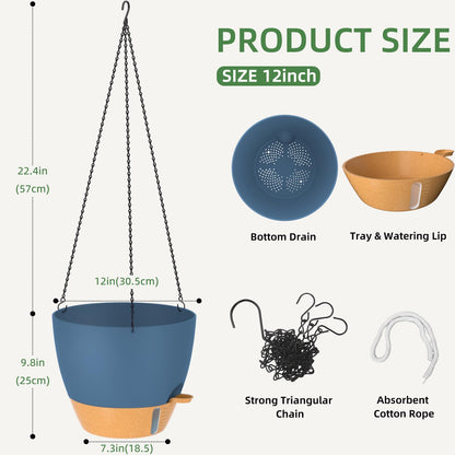 ZMTECH 12 Inch Large Self Watering Hanging Planters for Indoor Outdoor Plants - Water Level Indicator & Removable 60 Oz Reservoir, 1 Pack Plastic Hanging Basket for Window Porch Garden Balcony, Blue