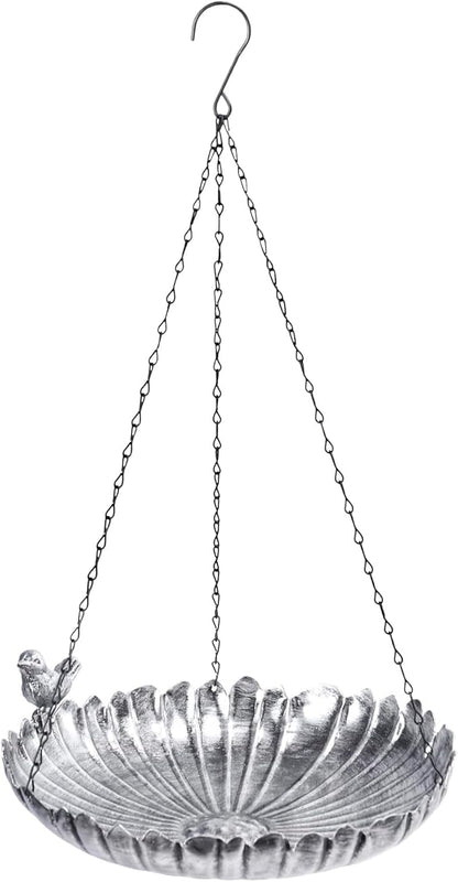 MUMTOP Hanging Bird Baths for Outdoors - Metal Bird Bath, 11.6 Inch Flower Shape Birdbath Bird Feeder Bowl for Outside, Garden, Lawn Yard Decor(Silver)