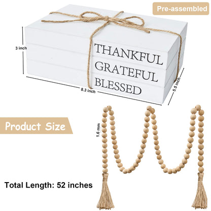 Decorative Books for Home Decor, White Faux Books for Decoration, Rustic Farmhouse Stacked Display Books (Thankful Grateful Blessed)