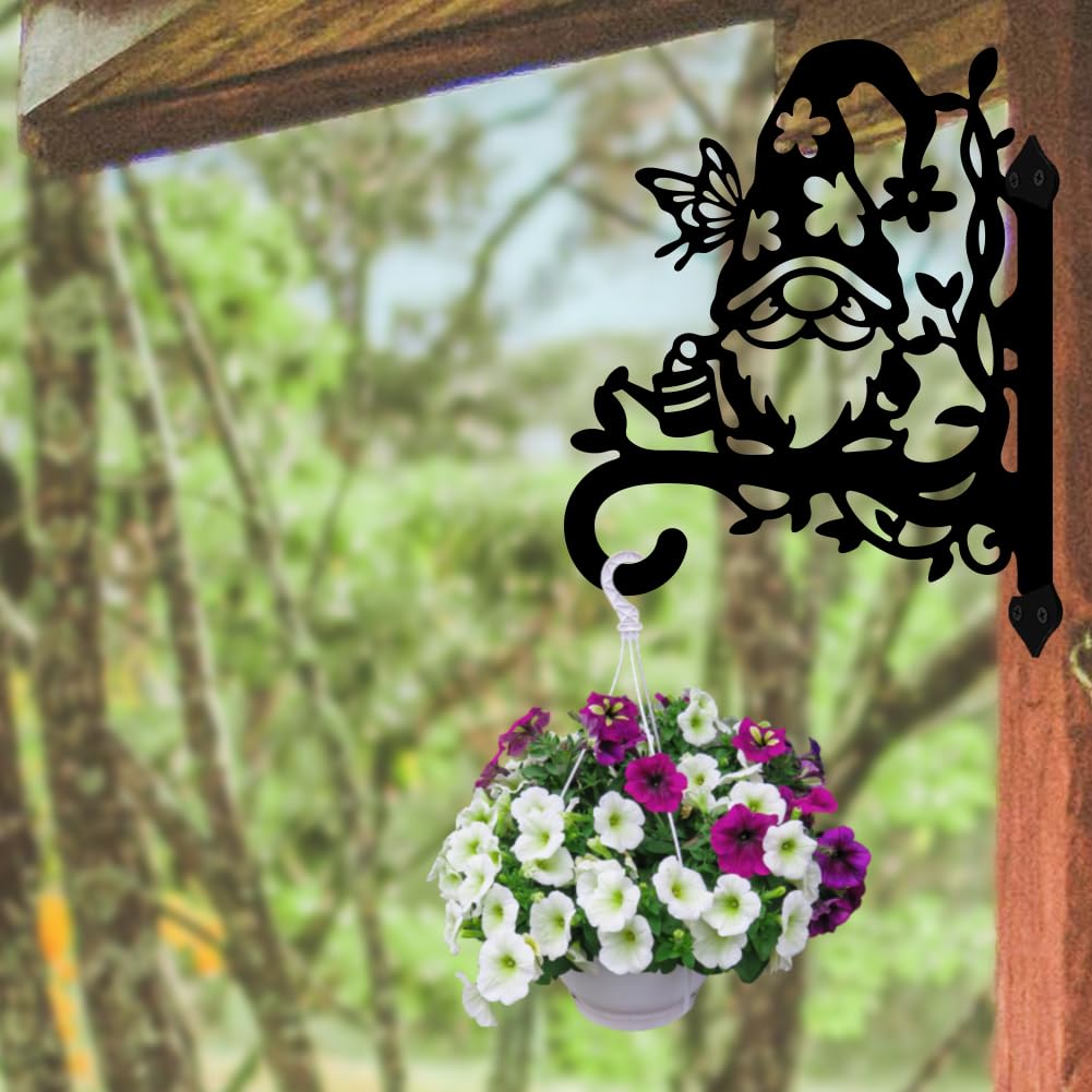 peacoblue Iron Plant Hangers Hooks 11.6"x15.2" for Outdoor Indoor Hanging Plants Flower Fern Pots Lantern Bird Feeder, Weather Resistant Metal Wall Holder for Porch Garden Farm(Gnome on Branches)