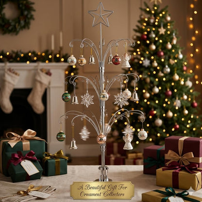 HOHIYA 47" Rotating Ornament Display Tree with 60 Hooks Heavy Duty Metal Christmas Ornament Stand Silver Rotating Display Rack for Glass Ornaments Holiday Decor Craft Show & Year Round Display