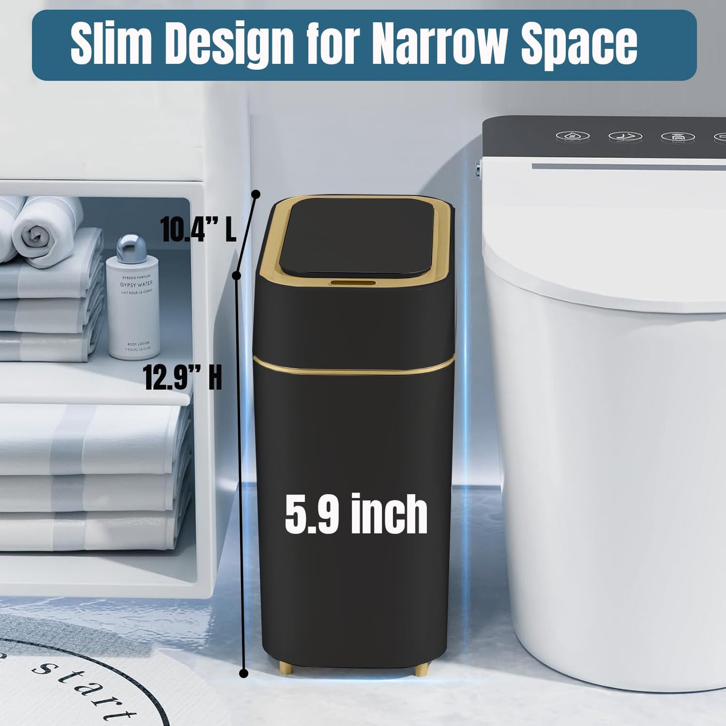 LALASTAR 2-Pack Bathroom Trash Can with Lid, Slim Motion Sensor Trash Can, Small Automatic Garbage Can Touchless, Waterproof Trash Bin for Bedroom, Office, Living Room, 2.3 Gal, Black with Gold Trim
