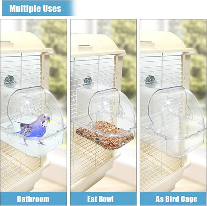 Bird Bath for Cage, Plastic Water Bowl Feeder for Pet Birds, Parrot Bathtub with Hanging Hooks for Little Bird Parrots Spacious Parakeets Portable Shower for Most Birdcage