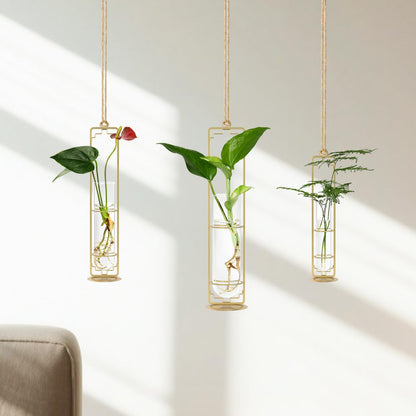 MIPON Metal Hanging Plant Propagation Station,3 Size Glass Test Tube Hydroponic Planter,Boho Wall Hanging Plant Cuttings Holder,Indoor Water Plant Terrarium Tubes for Home Office Window Decor-Gold