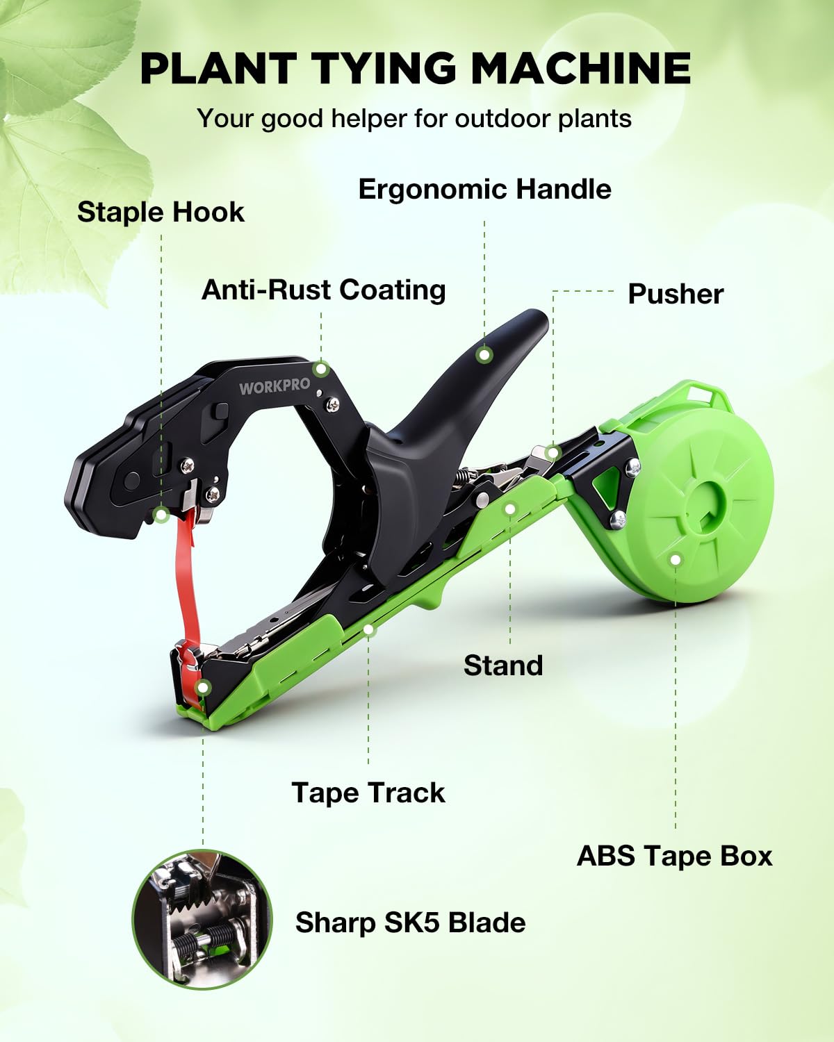 WORKPRO Plant Tying Machine with 6" Scissors, Lightweight Tape Gun for Tying Vines and Support Plant, Includes Gloves, 20 Rolls of Tape, 10000 Staples, Ideal for Tomatoes, Grapes, Cucumber, Vegetables