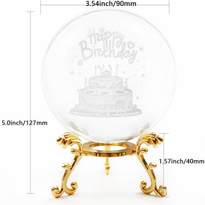 YINBEILIXU Crystal Ball with Metal Stand,3D Glass Ball Sphere, Crystal Figurine Clear Ball for Home Decoration, Party,Birthday,Anniversary,Wedding Decor, Gift,Photography (90mm, Cake)