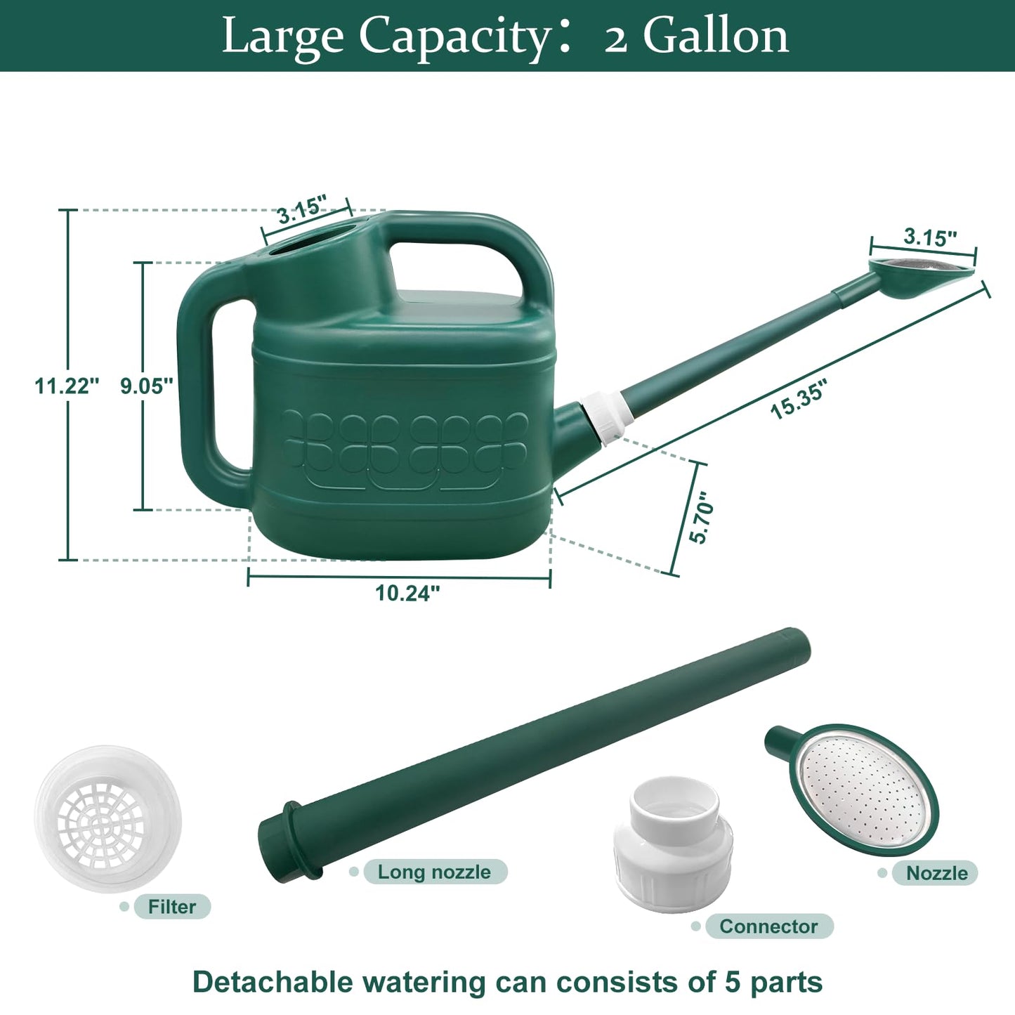 2 Gallon Watering Can, Garden Watering Can Outdoor, Plant Water Can with Removable Long Spout and Stainless Steel Sprinkler Head, Large Plastic Outdoor Watering Cans for Gardening Flower Plants