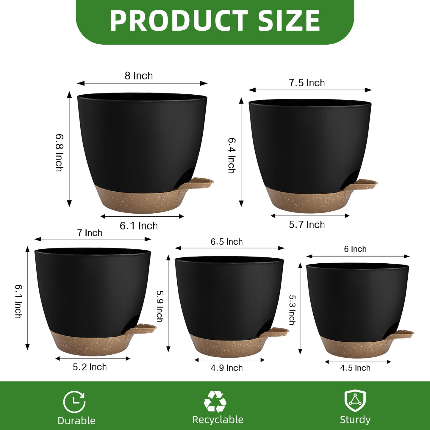 Hylitong Plant Pots 8/7.5/7/6.5/6 Inch Self Watering Pots,5 Pack Planters with Drainage Holes and Saucers,Plastic Flower Pots,Nursery Planters for Indoor Outdoor Plants (Black)