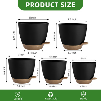 Hylitong Plant Pots 8/7.5/7/6.5/6 Inch Self Watering Pots,5 Pack Planters with Drainage Holes and Saucers,Plastic Flower Pots,Nursery Planters for Indoor Outdoor Plants (Black)