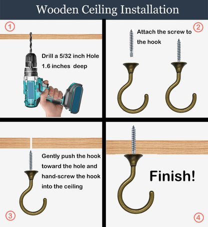 Evsteluo 4 Sets Heavy Duty Swag Ceiling Hooks with Hardware for Hanging Plants, Cavity Wall Fixing, Easy Installation, Holds Up to 30lbs, Ideal for Home & Garden (4 Sets, Antique Brass)