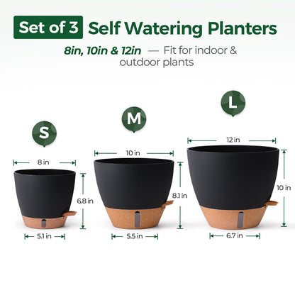 T4U 3 Pack Self Watering Pots (8"+10"+12") - Water Level Indicator & Deep Reservoir, Mess-Free Planters for Busy People, Beginners & Gardeners, Fits Pothos to Monstera, Indoor Outdoor Use (Black)