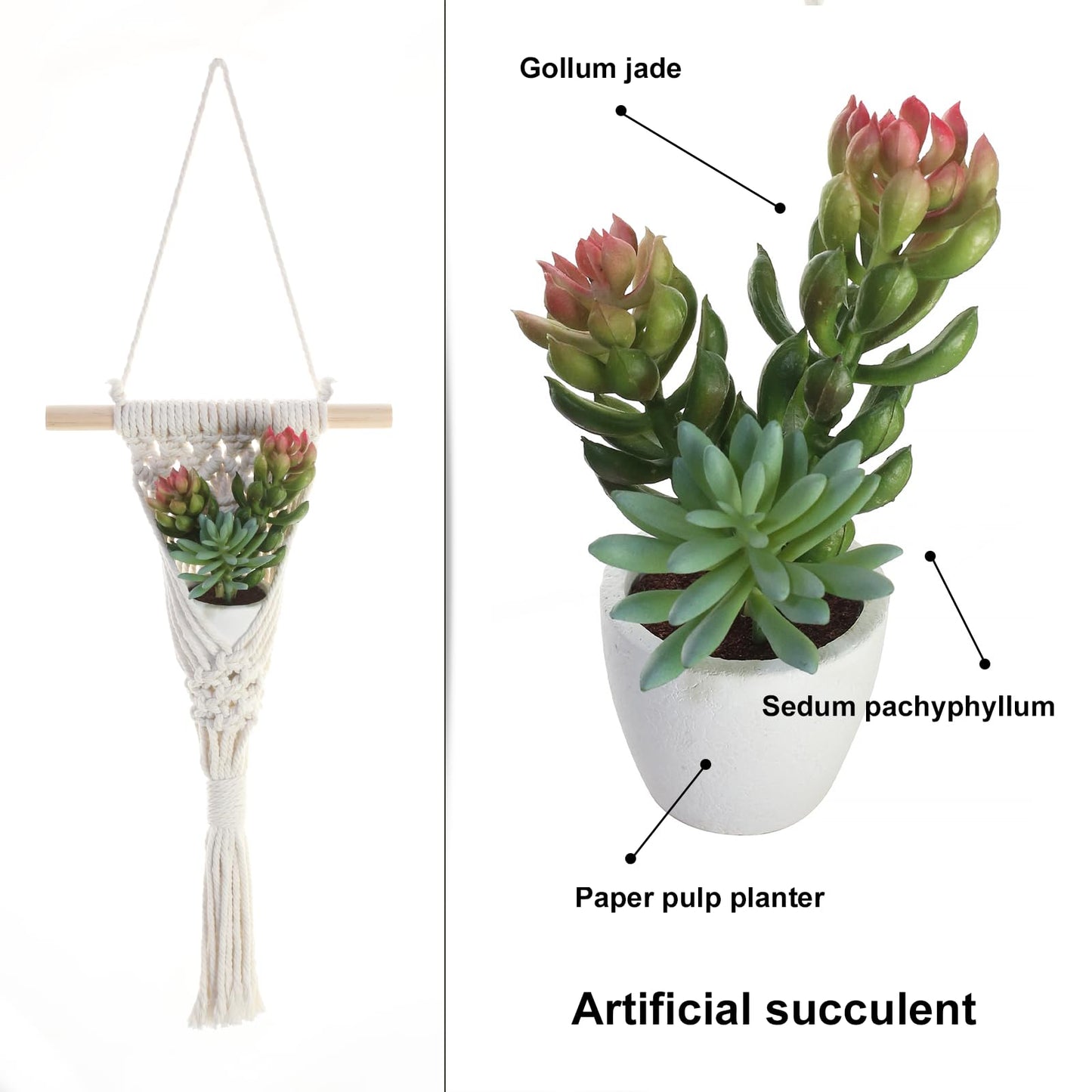 UBOSU Macrame Wall Hanging with Artificial Succulent Plants, White Cotton Rope, Wooden Dowel, Boho Wall Decor (Succulent 1pcs)