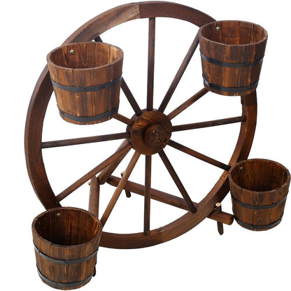 CWKISS Rustic Wooden Wagon Wheel Barrel Planter – Fir Wood Outdoor & Indoor Garden Cart Planter with 4 Metal-Banded Barrels, Decorative Flower Display for Patio, Porch, Yard, or Home