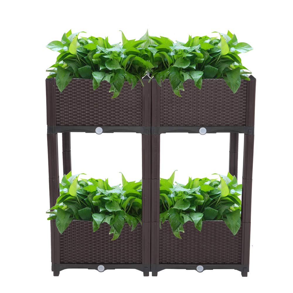 Guangshuohui Planter Raised Beds Kits,Garden Bed with Self Watering Planter Box and Drainage Plug,for Flowers Vegetables and Garden Patio Balcony Restaurant, Easy Assembly (Set of 4,Brown)