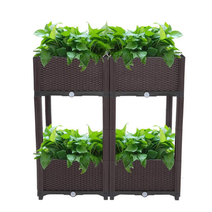 Guangshuohui Planter Raised Beds Kits,Garden Bed with Self Watering Planter Box and Drainage Plug,for Flowers Vegetables and Garden Patio Balcony Restaurant, Easy Assembly (Set of 4,Brown)