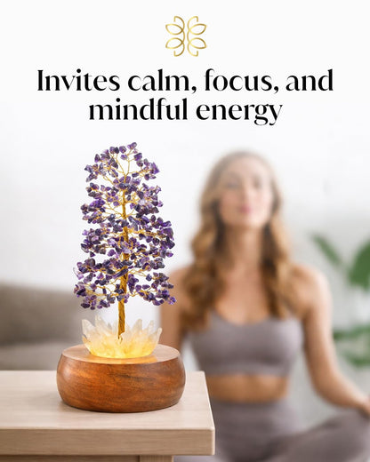 Amethyst Crystal Tree of Life with LED Light, Handcrafted Gemstone Bonsai on Quartz Base & Acacia Wood Stand – Spiritual Home & Office Décor, Feng Shui, Gift for Women