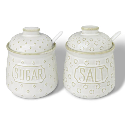 GDCZ 10 Oz Ceramic Salt and Sugar Bowls Set with Lid and Spoons, Seasoning Container, Dishwasher Safe, Set of 2 (White)