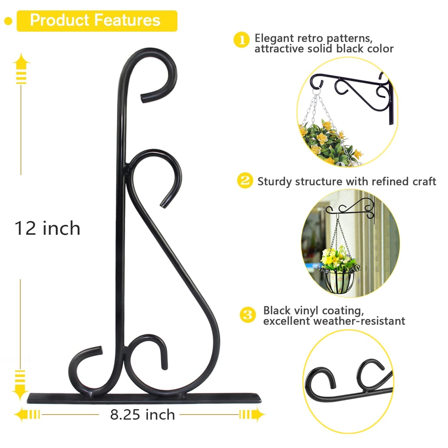 Hanging Plant Brackets, 2pcs 12 Inch Heavy Duty Wall Mount Bracket Strong Durable Rust-Resistant Plant Hanger Hook with High Load Capacity 120lb for Hanging Plants Bird Feeder Lantern Wind Chimes