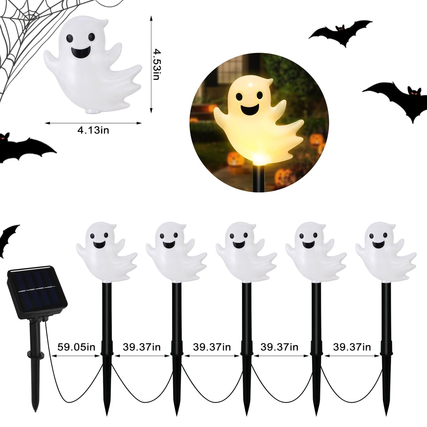 Solar Halloween Ghost Pathway Lights, 10 Pack 3D Lighted Outdoor Stake Decorations, Waterproof LED Yard and Garden Lights for Halloween Pathway, Lawn, Patio, and Holiday Decor (10-Ghosts-Warm)