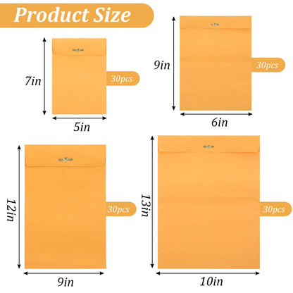 120 Pcs Clasp Envelopes Multi-Size Set with Metal Closure - Large Yellow Envelopes for Document Storage & Secure Mailing, Premium Brown Mailing Envelope Collection (4 Sizes)