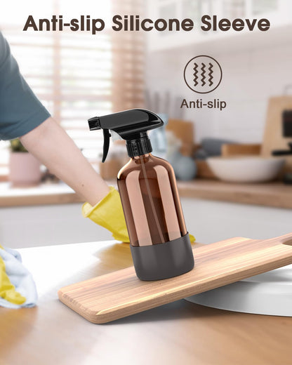Bontip Glass Spray Bottle with Silicone Sleeve Protection, Amber Glass Spray Bottle Set for Window Cleaner Aromatherapy Facial Hydration Watering Flowers Hair Care 2 Pack/16 oz (Brown & Grey, 16 oz)