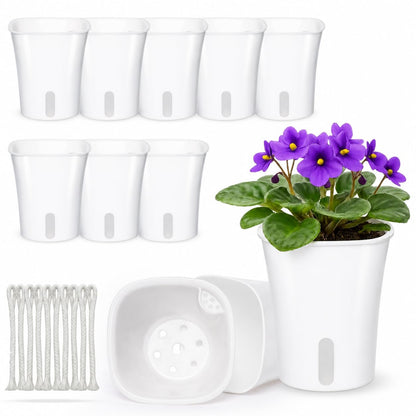 FYRIXONE 10 Pack 3 Inch Self Watering Pots for Indoor Plants, White Plastic Planters with Water Level Indicator, Drainage Holes & Wick, Small Plant Pots for Cuttings, Seedlings, Herbs, African Violets