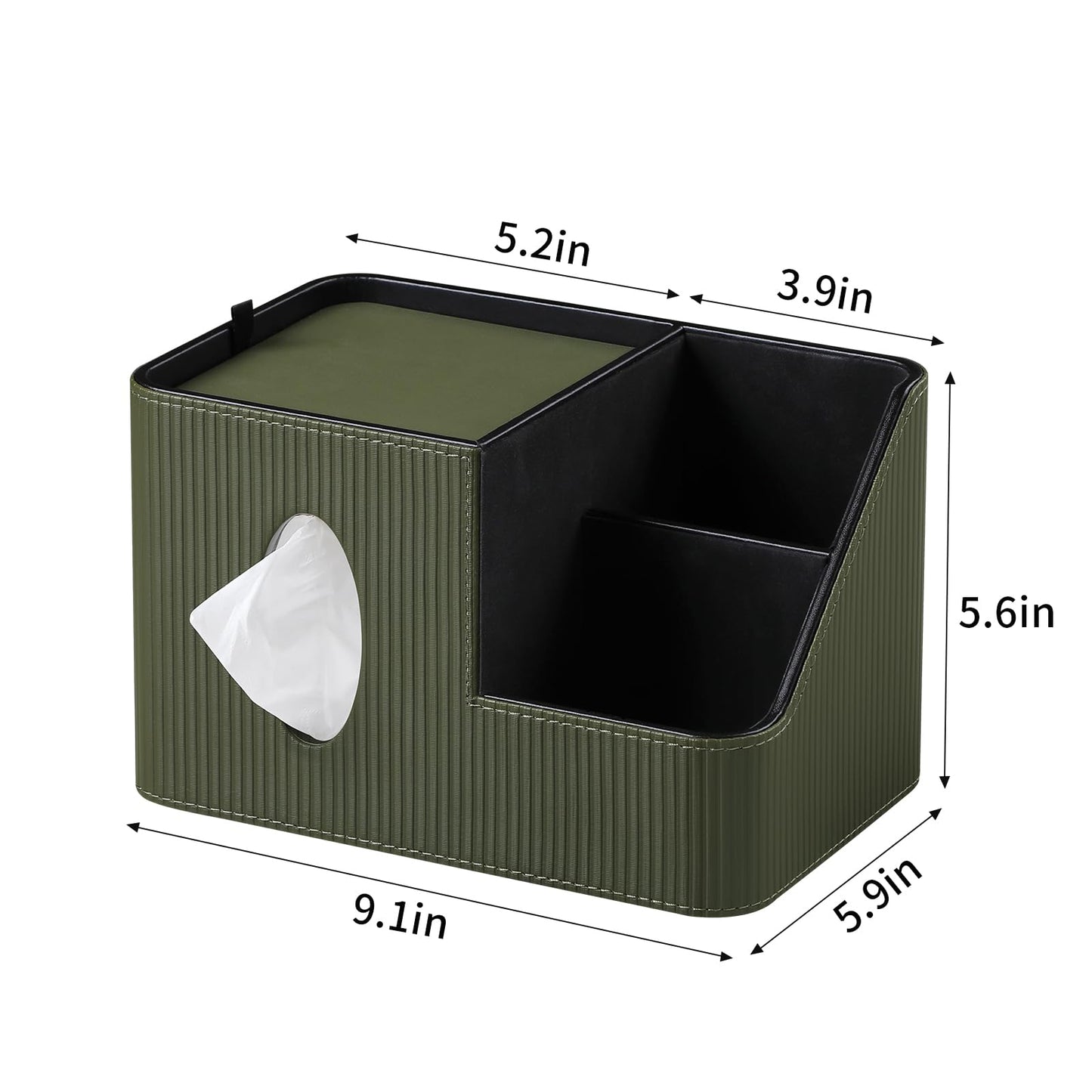 PU Leather Square Tissue Box Cover with Magnetic Closure, Tissue Holder with Storage Tray & Remote Control Organizer, for Nightstand, Living Room, Bathroom, Office Desk (Green Stripes)