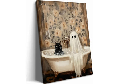 Halloween Ghost Bathroom Canvas Wall Art, Horror Ghost and Cute Black Cat in Bathtub Pictures Wall Decor, Gothic Dark Academia Paintings Prints for Toilet Dorm 12x16 inch Framed