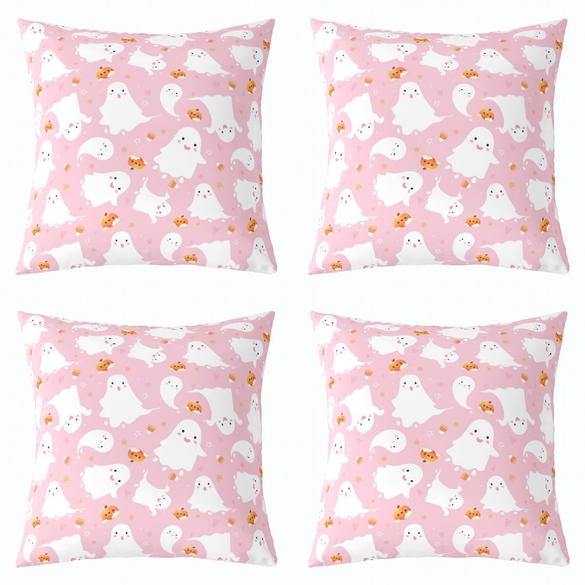 Feelyou Kids Pink Ghost Throw Pillow Covers 20"x20" Set of 4 Soft Kawaii Halloween Pillow Cases Cushion Covers Cute Trick or Treat Decorative Throw Pillowcases Women Men Cushion Cases