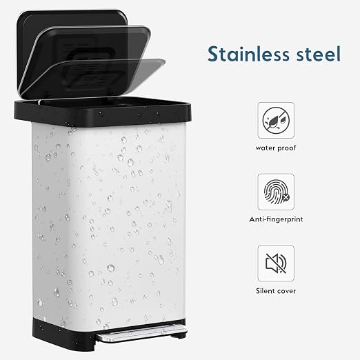 Arlopu 50L/13.2Gal Stainless Steel Trash Can W/15 Inner Bags & Rear Trash Bag Storage Compartment, Kitchen Step Trash Can with Lid & Built-in Deodorizer Box, Garbage Bin W/Foot Pedal (White)