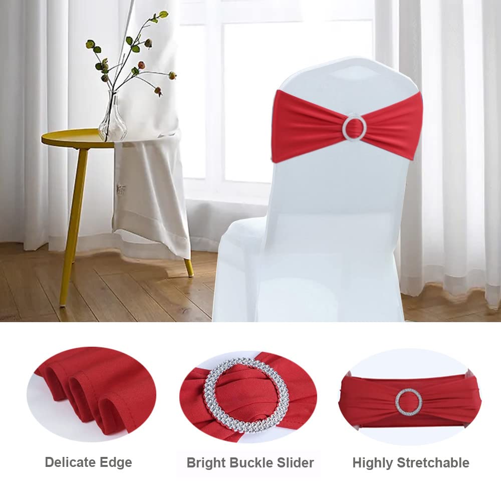 Albassa Chair Sashes Spandex Stretch Chair Bows with Buckle Slider for Wedding Party Decorations (Red, 25PCS)