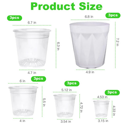 15 Packs Clear Nursery Pots with Drainage for Plants,6.8/6.7/6/5/4.5 Inch High Transparency Plastic Plant Pot Seedling Planter with 3 Decor Planters and Gardening Tools,Reinforced and High Hardness