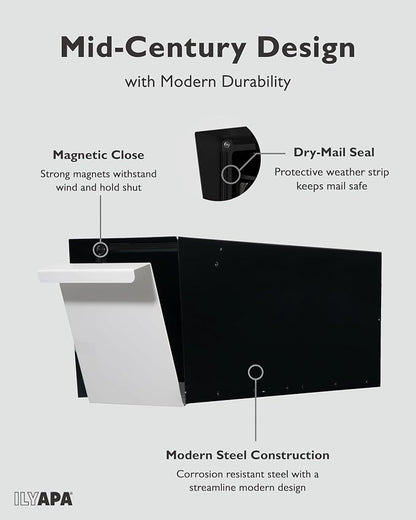 Ilyapa Modern Mailbox for Post Mount - Black with White Door Powder Coated Steel, Waterproof Letter Box for Parcels, with Recessed Magnetic Close Door