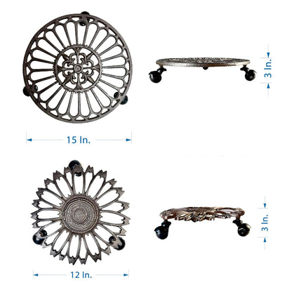 2 Pack Heavy-Duty Cast Iron Plant Caddy - 12" Rust Brown Ornamental Cast Iron Plant Stand with Wheels, Petal-Design Moveable Planter Holder for Indoor Outdoor Garden Patio Decor HC1511