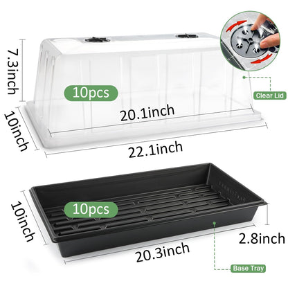 1020 Trays with Tall 7.3'' Dome, 10-Pack Extra Large Seed Starter Tray with Humidity Domes, Heavy Duty 1020 Seed Trays and Flats with Lid, Seed Germination Mini Greenhouse No Hole for Balcony Garden