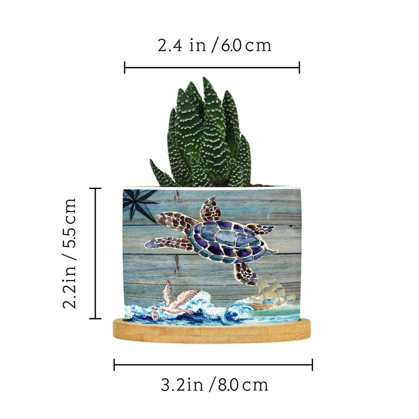 DreamAutumn Ocean Theme Sea Turtle Planter Ceramic Round Plant Pots with Drainage Holes and Bamboo Tray Planting Small Flower Pots for Home Windowsill Desk Garden Indoor Outdoor Use