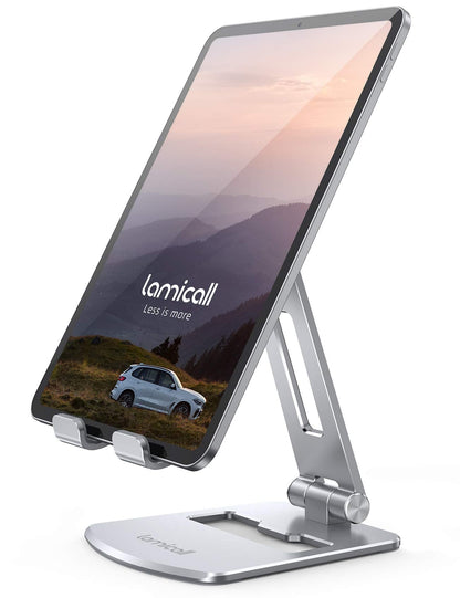 Lamicall Adjustable Tablet Stand Holder - Foldable Phone Dock, 360°Rotating Desktop Tablet Mount Gifts, for 4.7-13" Tablets, iPad Pro 11, 12.9 Air Mini, Tabs, Kindle, iPhone Air 17 Pro Max, Silver