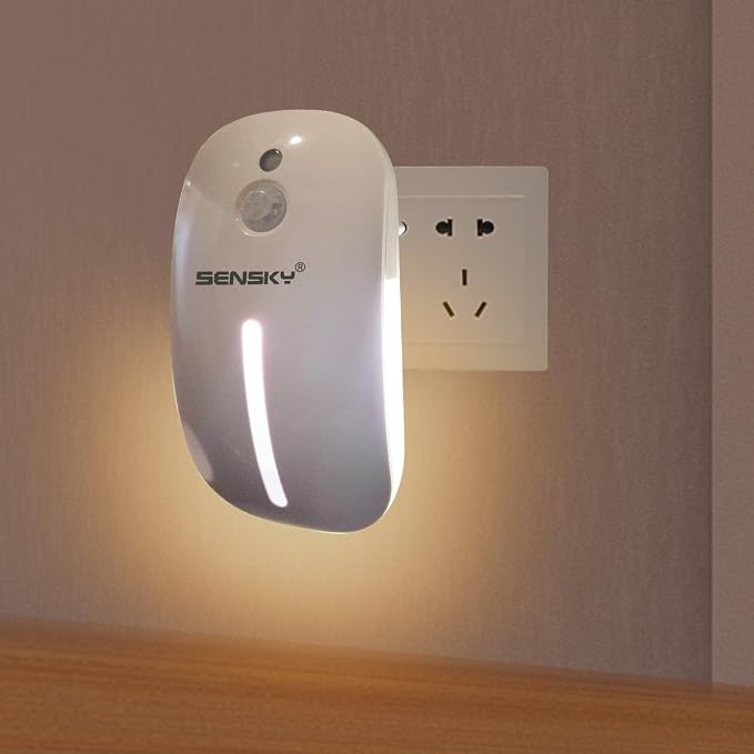 Sensky Plug-in LED Night Light - Motion Sensor and Dusk to Dawn Photocell with 15 Lumens Warm White Glow - Backlit Eye Protection Lamp for Kids Adults Bedroom Bathroom Hallway and Home Decor
