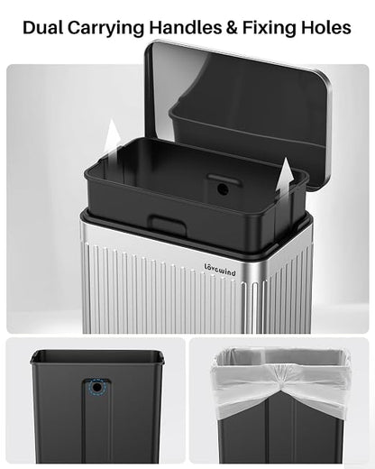 Lovewind 60 Liter/ 16 Gallon Stainless Steel Trash Can with Soft-Close Lid, Large Footstep Garbage Can with Roman Texture, Removable Inner Buckets, Recycling Bin for Kitchen Office, Silver