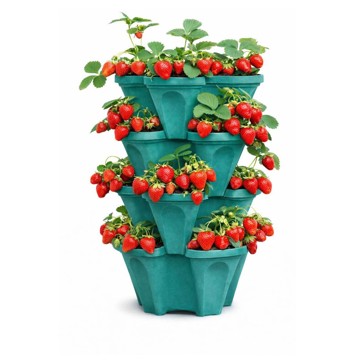 smart spring Large Vertical Planter Tower, 4 Tier Stackable Garden Planter, 16 Plant Sites, Heavy Duty Strawberry Planter, Vertical Growing System with Center Hole, Made in USA (Mineral Teal, Large)