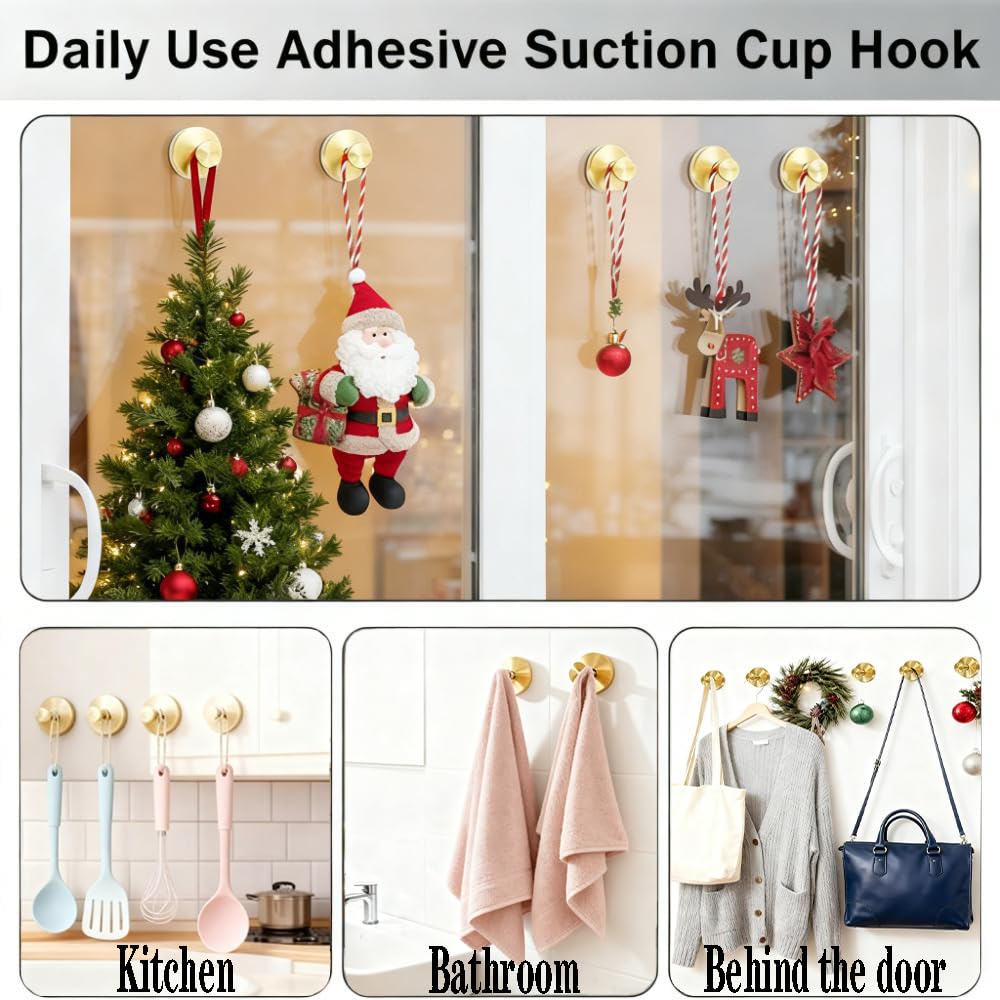 4 Pack No Drill Suction Cup Hooks-Strong Grip Wreath Hanger for Door, Window, Glass, Mirror|Reusable for Front Door Glass Window Mirror Bathroom Wall,Fall, Halloween, Christmas, Welcome Sign (Gold)