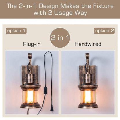 Yisuro Rustic Wall Light, 2-in-1 Antique Bronze Vintage Wall Light Fixture Plug in Industrial Glass Shade Lantern Lighting Retro Lamp Metal Wall Sconce for Home Bedroom Dining Room café(1 Pack)