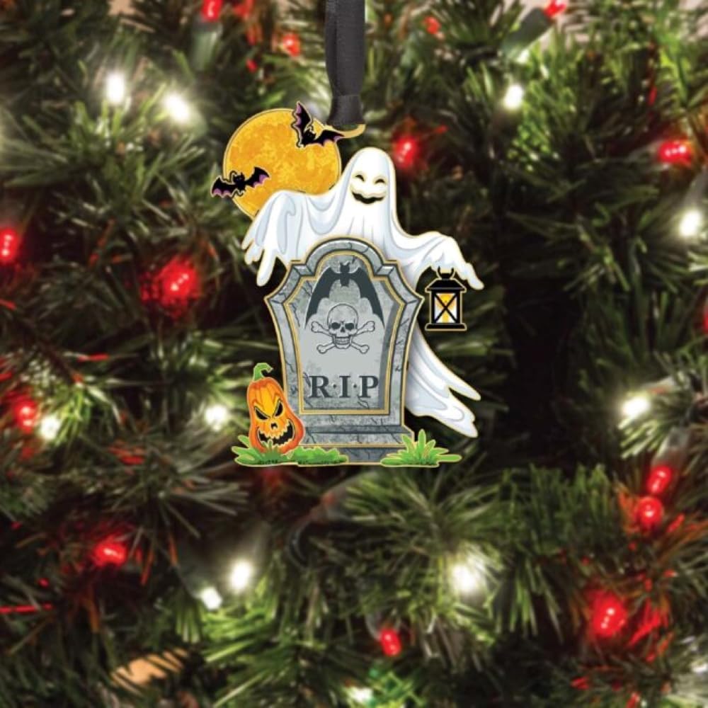 Beacon Design Ghost & Tombstone Hanging Ornaments - Halloween Tree Ornament, 100% Brass Scary Ghost Keepsake Gift, Spooky Full Moon Decor, Shatterproof Christmas or Home Decorations, Made in USA
