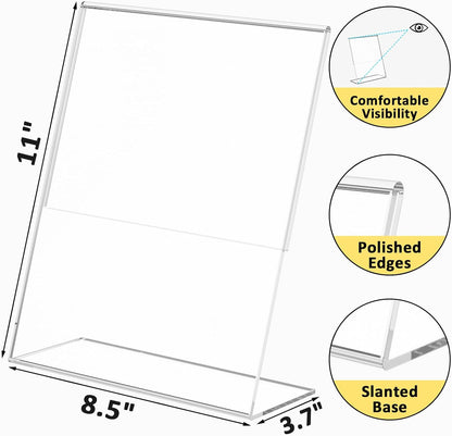 8 Pack Acrylic Sign Holder, Clear 8.5 x 11 Inch Slant Back Vertical Sign Holder, Tabletop Plastic Paper Picture Frame Flyer Document Display Stand for Home, Office, Restaurants, and Stores