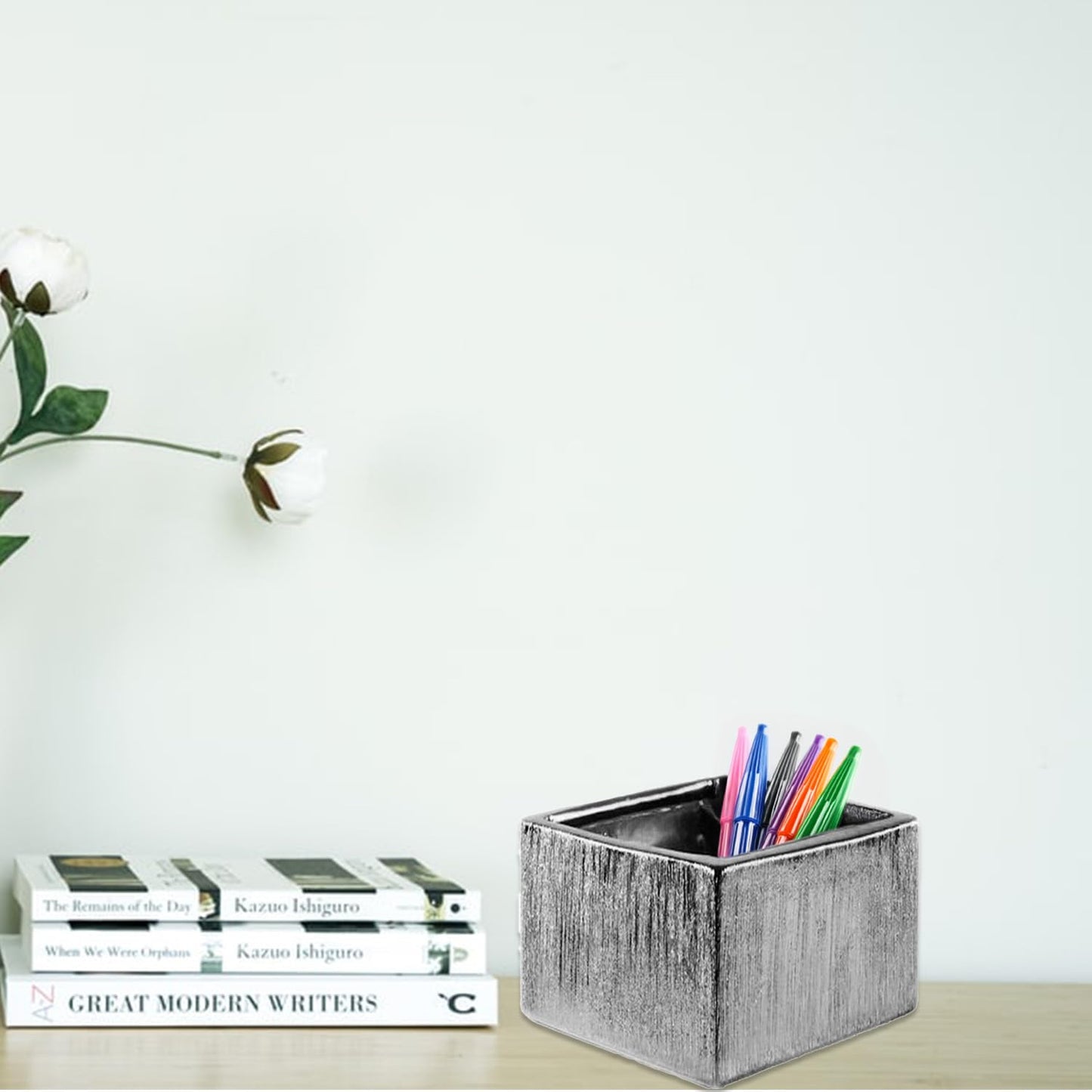 WGVI Silver Scratched Square Ceramic Vase, Width 6", Height 4", Elegant Morden Short Square Pan Floral Planter Terrarium Pot Container Tabletop for Event Accent Home Decor 1 Piece