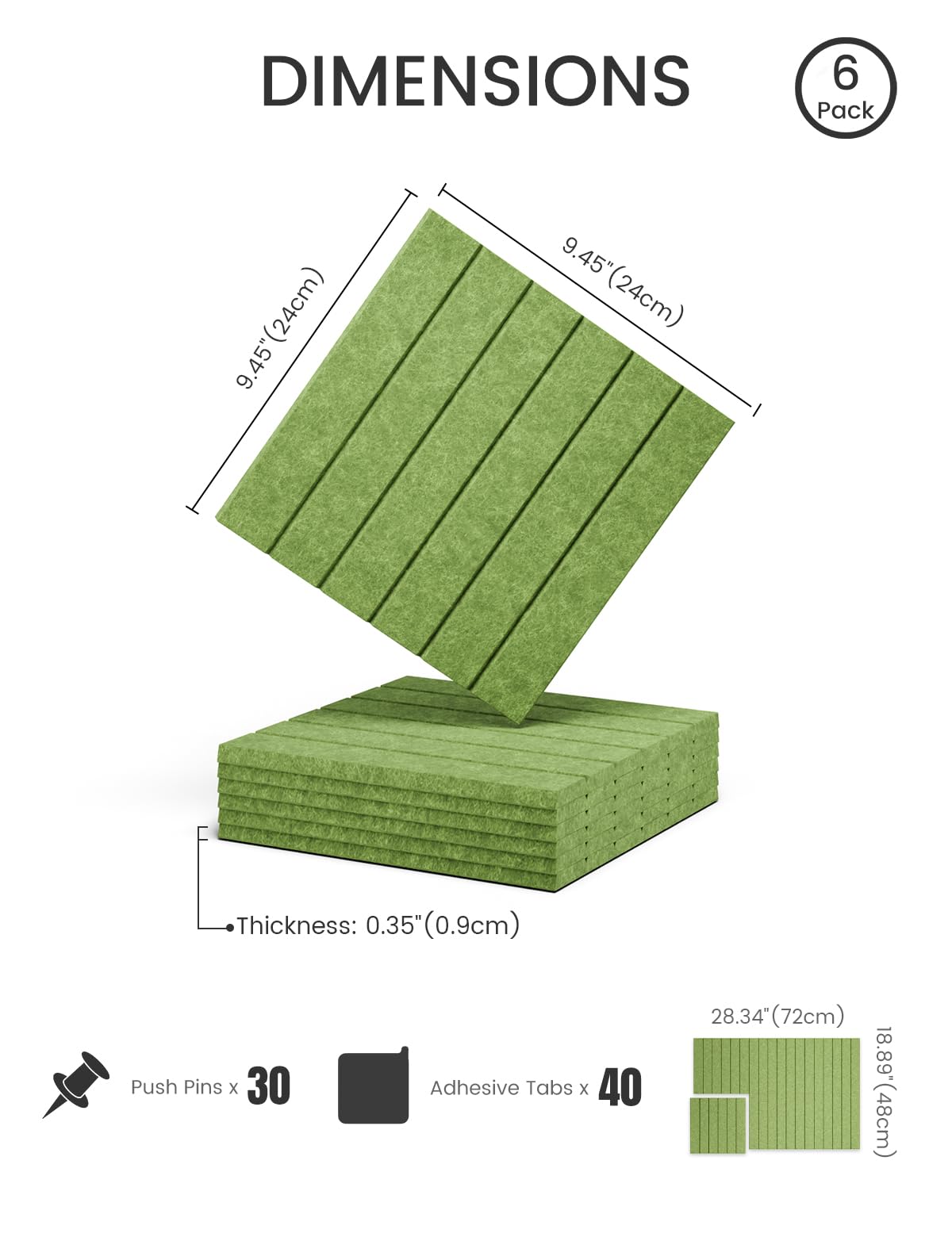 Felt Bulletin Board Tiles -28"x18" with 40 Adhesive Tabs, Cork Board Alternative for Office Decor, Push Pin Board Wall Organizer 6-Pack(Grass Green)