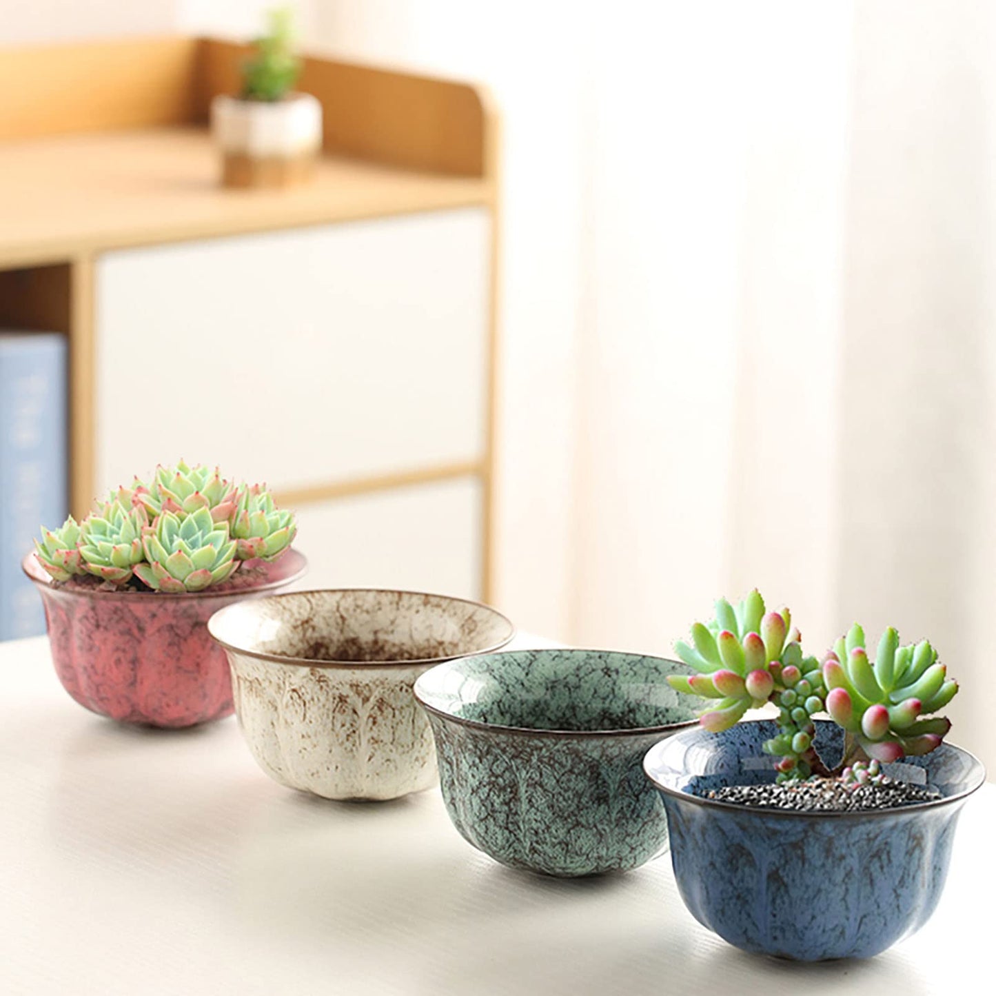 Ceramic Succulent Planter Pot with Drainage Planting Pot Flower Pots Small Planter Pots Flowing Glaze Base Serial Set with Holes