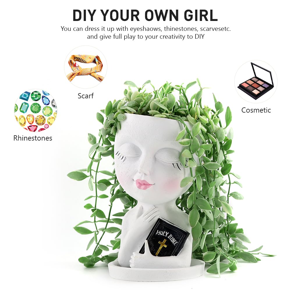 Meltset M Face Planters Pots Head for Indoor Outdoor Plant Unique Head Planter Holding Book Confessional Girl Face Flower Pot with Drainage for Succulent Cactus String Of Pearls Plant Gift Idea(White)