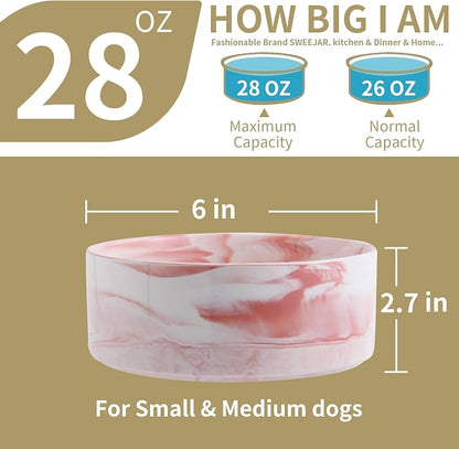 Raised/Elevated Ceramic Dog Bowl for Small Medium Sized Breeds,Dog Food Water Bowl with Stand,6 in Non Slip Heavy Pet Feeding Dish 3.6 Cups/ 850 ml /28 OZ Marble Pink