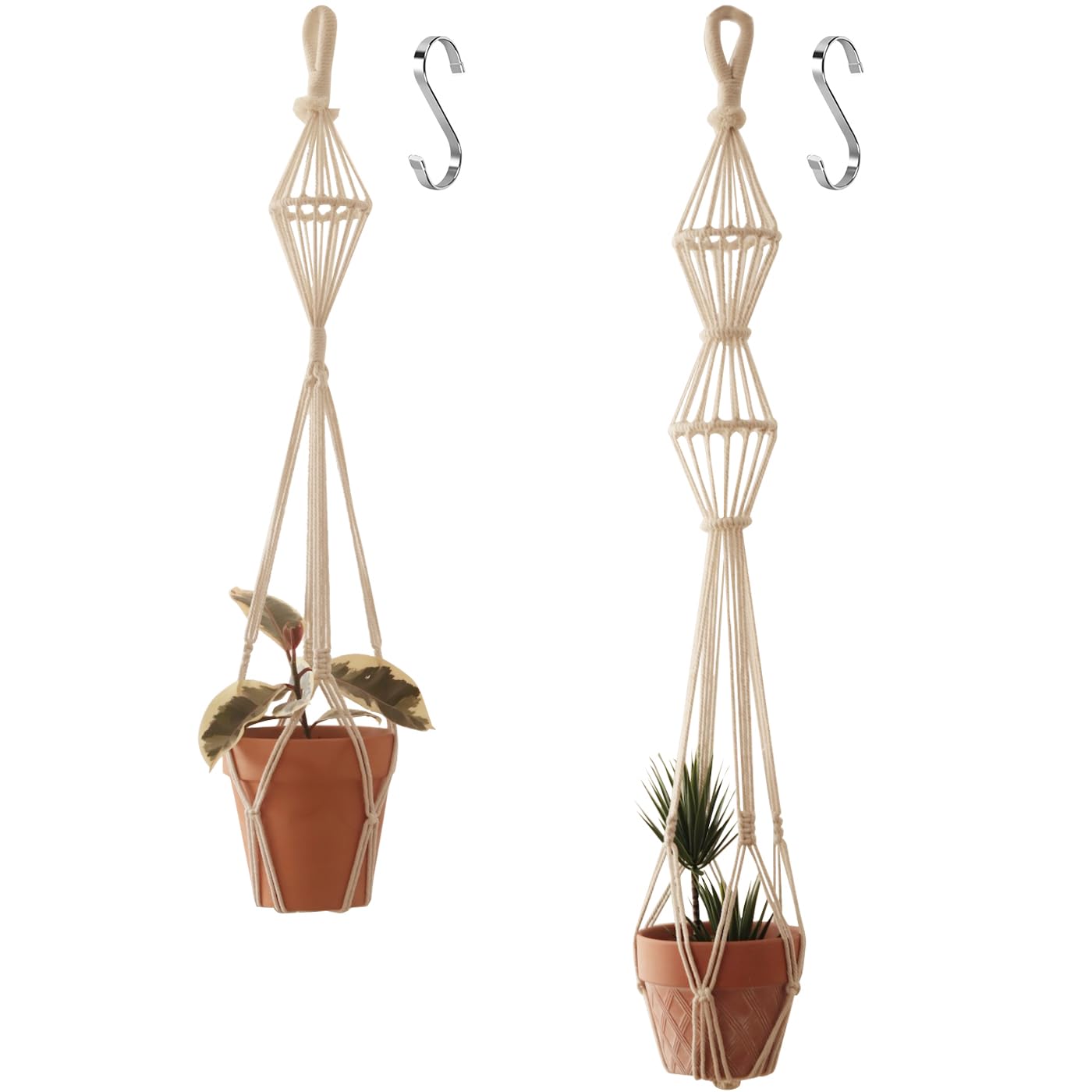 XINBOR Hourglass Floating Macrame Plant Hangers 2 Pack Handmade Cotton Rope Hanging Planters Basket with S Hooks, Diamond Openwork Boho Home Decor for Indoor Outdoor, Plants Holder 35" & 39” (White)
